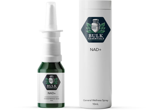 Bulk Essentials NAD+ Spray bottle front shows compact 10 ml for convenient daily use.