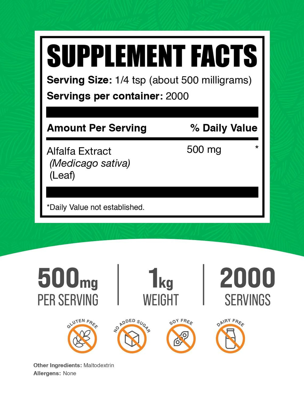 BulkSupplements Alfalfa Extract powder 1kg bag ready for shake and smoothie