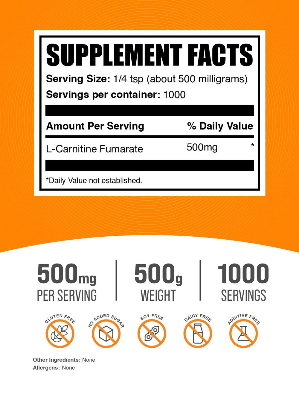 BulkSupplements L-Carnitine Fumarate powder serving scoop for precise 500mg doses.