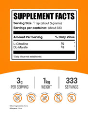 Scoop of BulkSupplements L-Citrulline Malate powder ready for precise 3 g servings