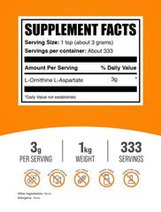 BulkSupplements L-Ornithine L-Aspartate powder in bottle, unflavored for easy mixing.