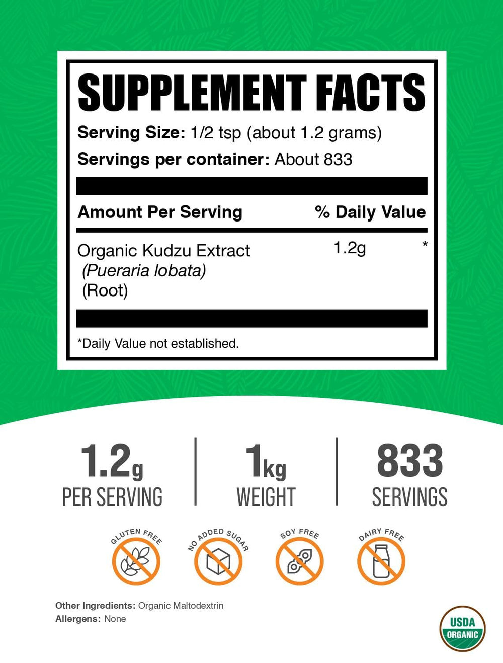 Close-up of Organic Kudzu Root Extract packaging for easy access.
