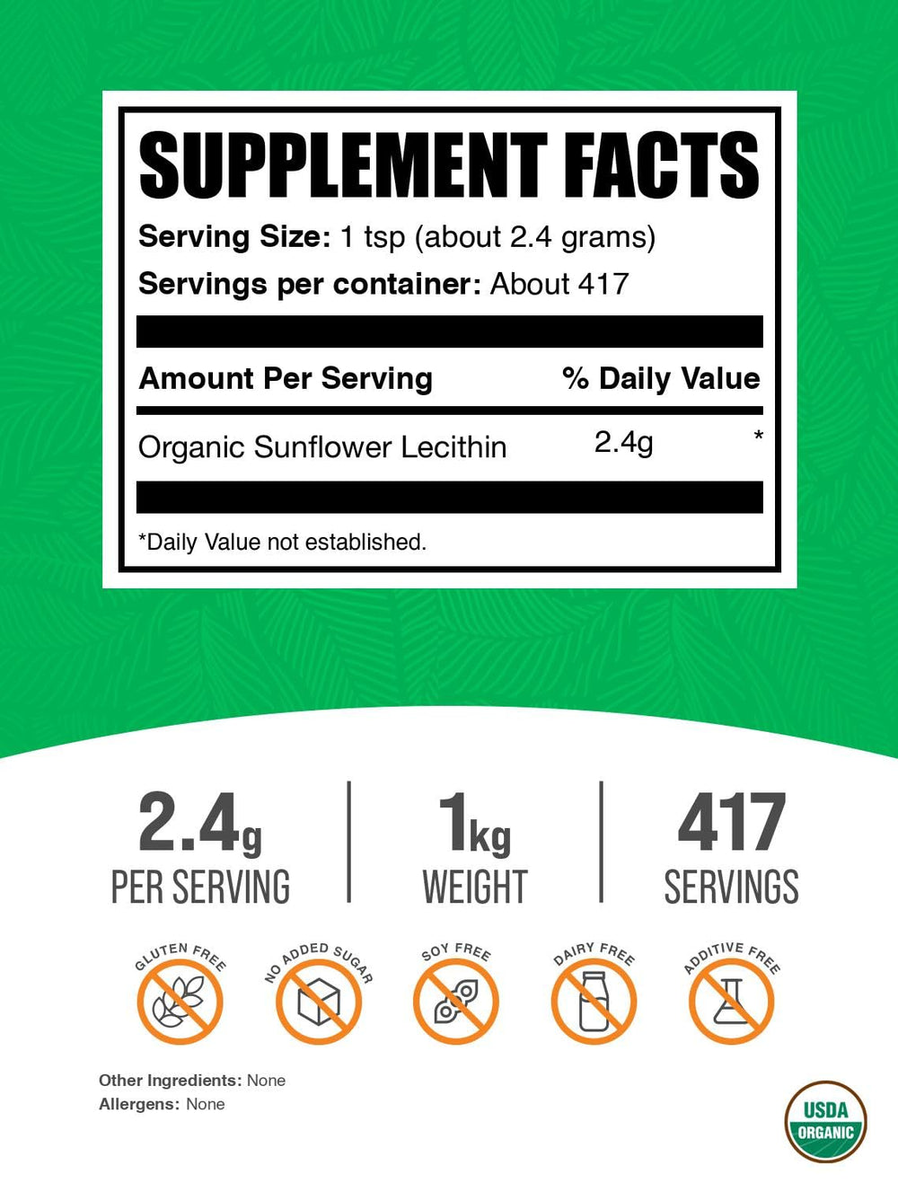 BulkSupplements Sunflower Lecithin powder with measuring scoop ready for daily dosage