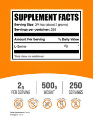 BulkSupplements L-Serine powder tub label visible for supplement clarity