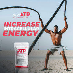 BulkStimulants Pure ATP powder being poured into a glass for quick mixing.