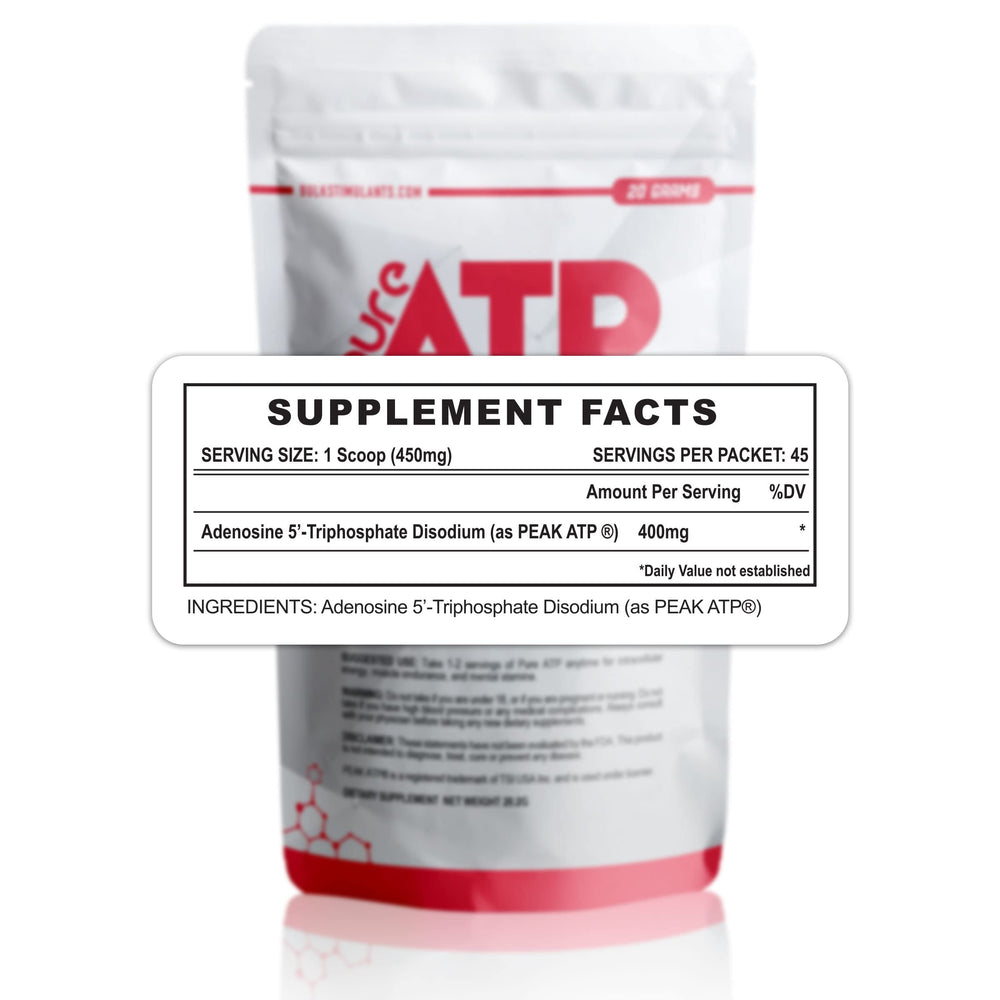 BulkStimulants Pure ATP powder with scoop allows precise pre-workout dosing.