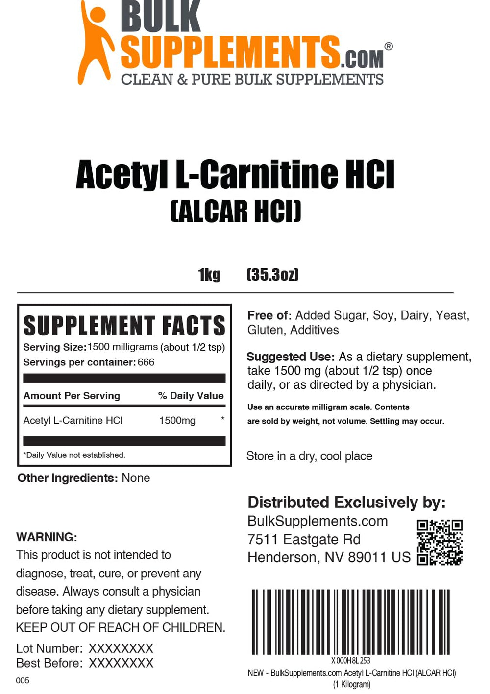 1kg BulkSupplements Acetyl L-Carnitine container for long-term supplement supply