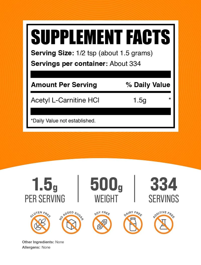 Bulksupplements Acetyl L-Carnitine powder with measuring spoon for easy dosing