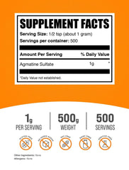 BulkSupplements Agmatine Sulfate powder label details ensuring quality transparency.