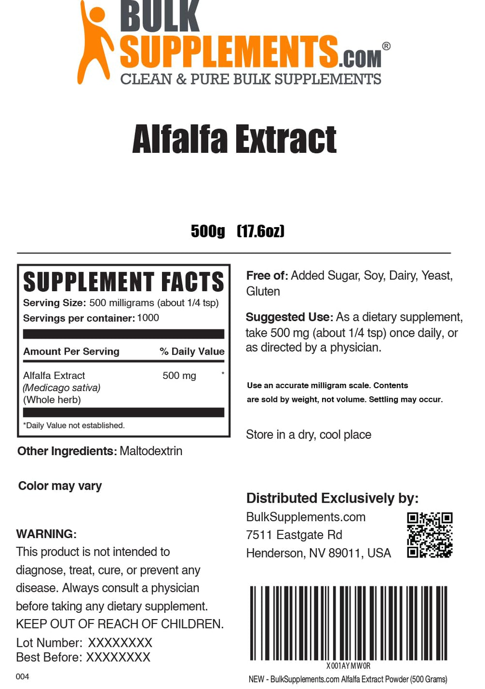BulkSupplements Alfalfa Extract Powder bottle with scoop for vegan wellness.