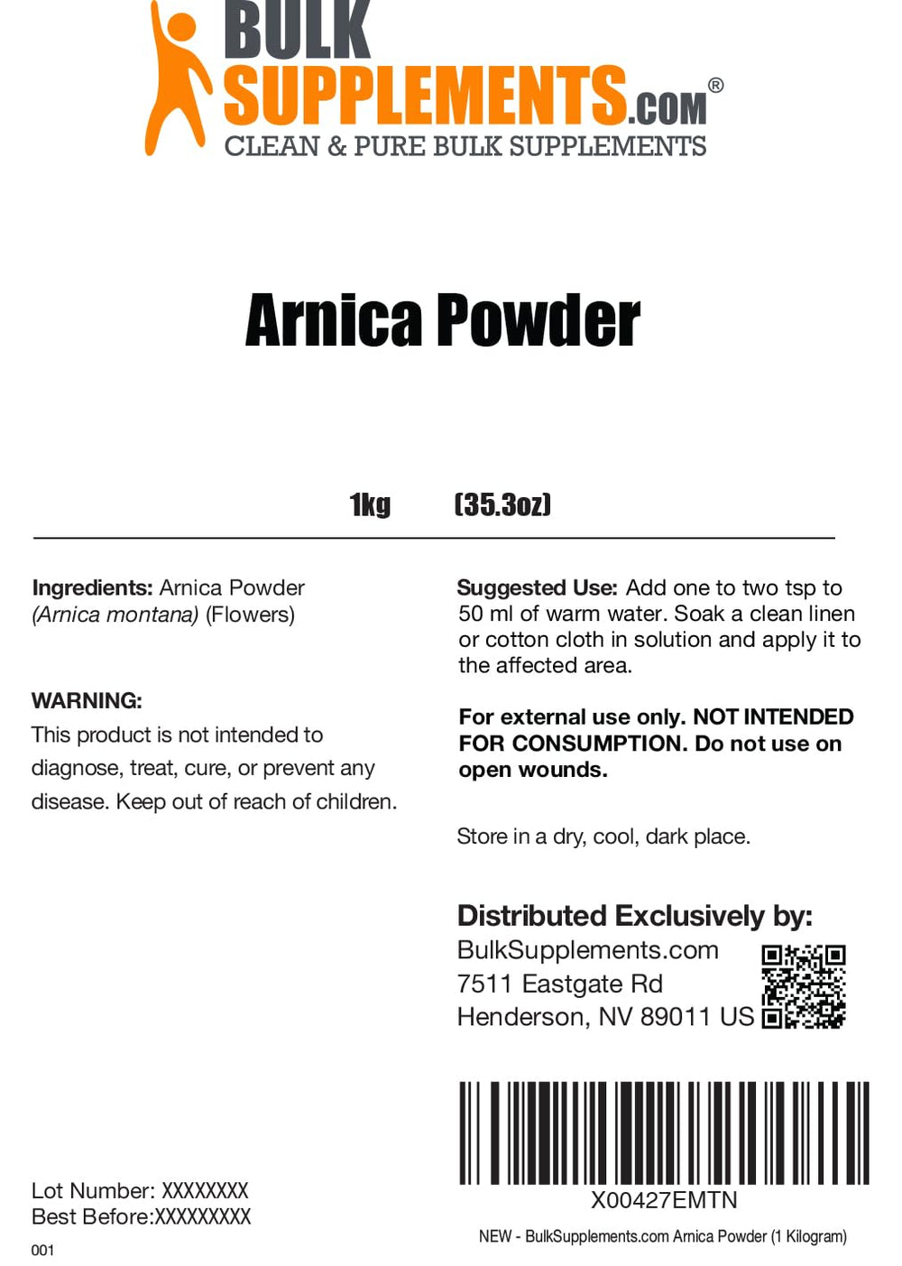 BulkSupplements Arnica Powder label close-up showing product details