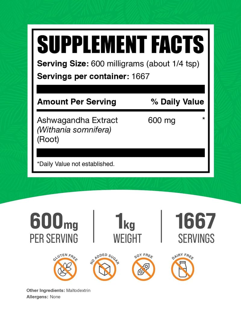 BulkSupplements Ashwagandha powder with scoop for easy 600 mg servings in daily routine.
