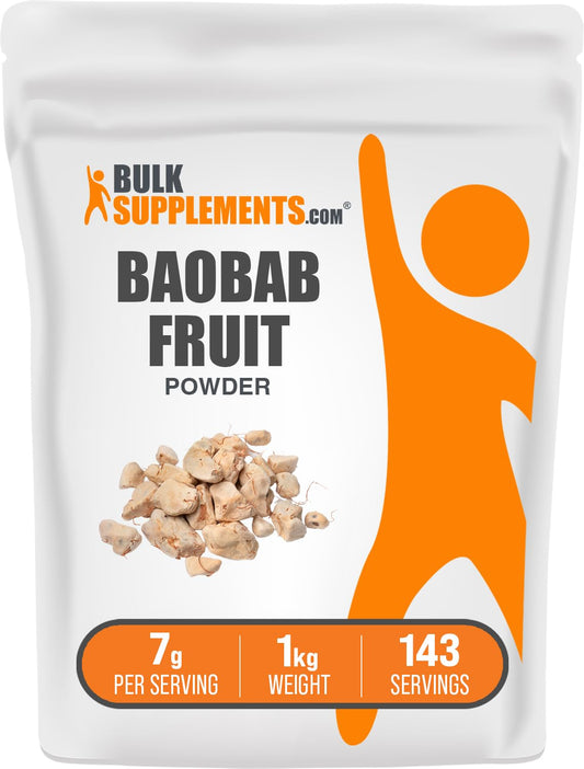 BulkSupplements Baobab fruit powder packaging highlights gluten-free nutrition for daily smoothies.