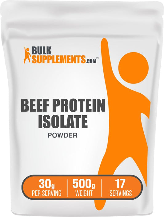 BulkSupplements Beef Protein Isolate powder canister, lactose-free option for dairy-sensitive athletes.