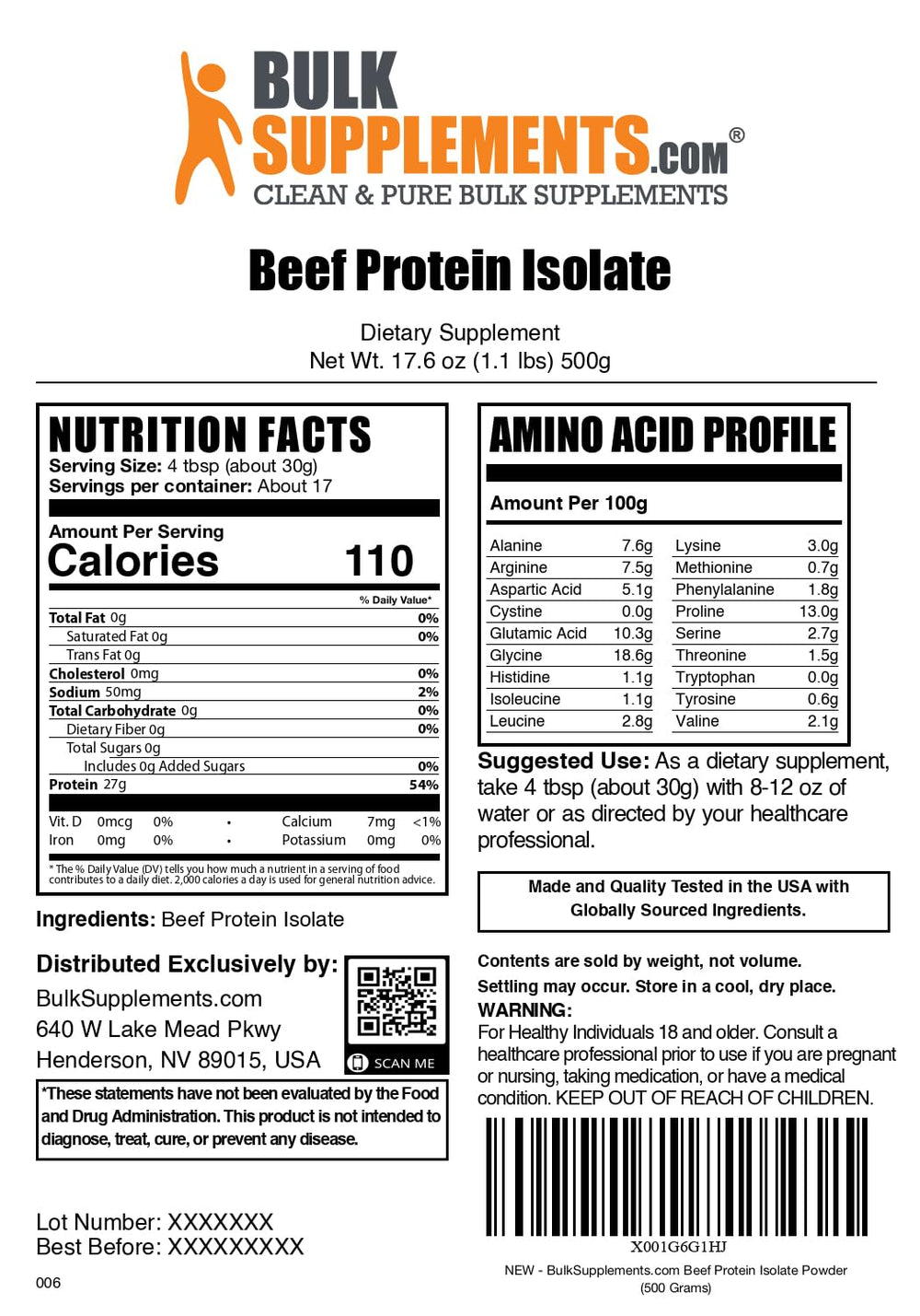 BulkSupplements Beef Protein Isolate 500g packaging for steady use.