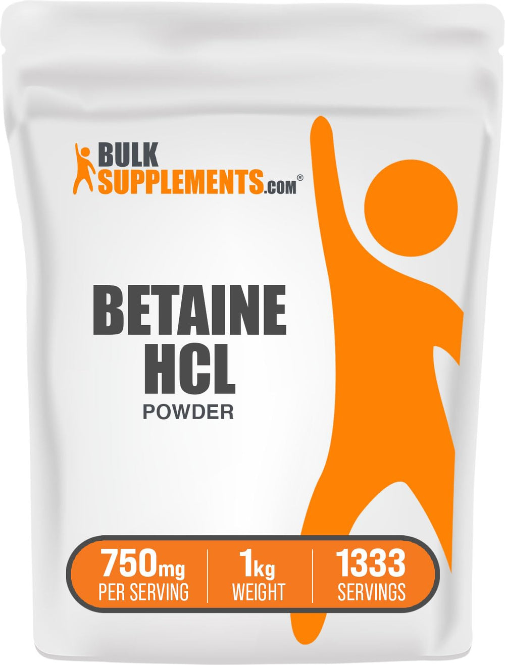 BulkSupplements Betaine HCl powder with scoop for easy daily mixing and digestive support.