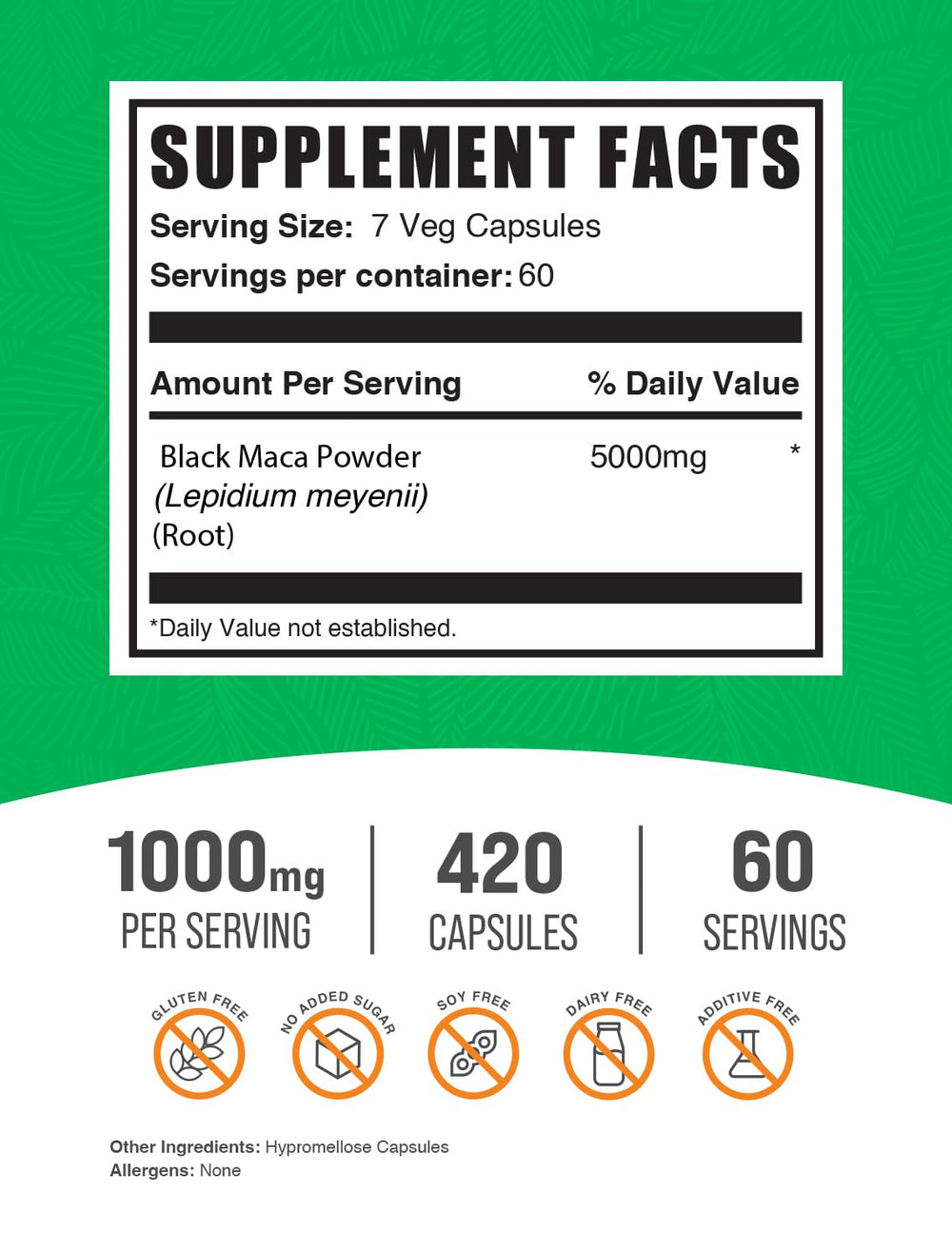 BulkSupplements Black Maca Root capsules bottle label shows 5000mg strength for everyday vitality.