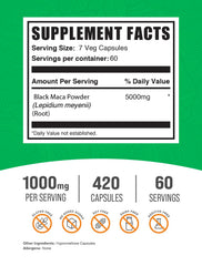 BulkSupplements Black Maca Root capsules bottle label shows 5000mg strength for everyday vitality.