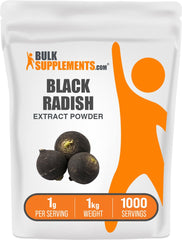 BulkSupplements Black Radish Extract Powder bottle closeup for a vegan gluten-free daily wellness option.
