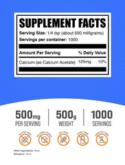 BulkSupplements Calcium Acetate powder with a measuring scoop.