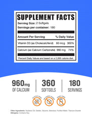 BulkSupplements Calcium Carbonate & Vitamin D3 softgels label close-up showing dosage information.