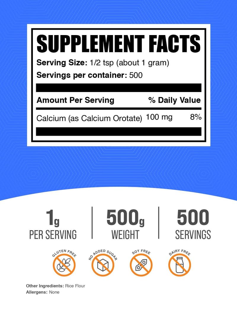 BulkSupplements Calcium Orotate powder with scoop for convenient mixing.