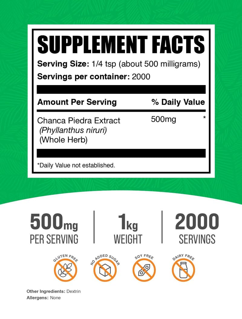 BulkSupplements Chanca Piedra extract powder dosing spoon highlights easy daily servings