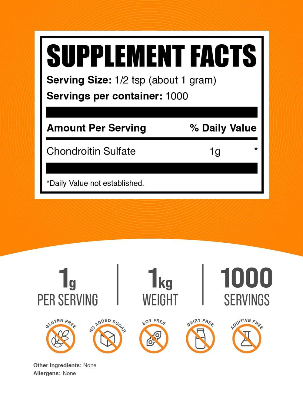 BulkSupplements Chondroitin Sulfate Powder label indicating gluten-free formulation.