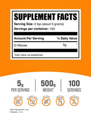 BulkSupplements D-Ribose powder with scoop highlights accurate 5 g servings.