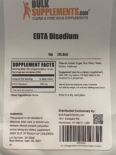 Measuring scoop beside BulkSupplements Disodium EDTA powder for convenient serving access.