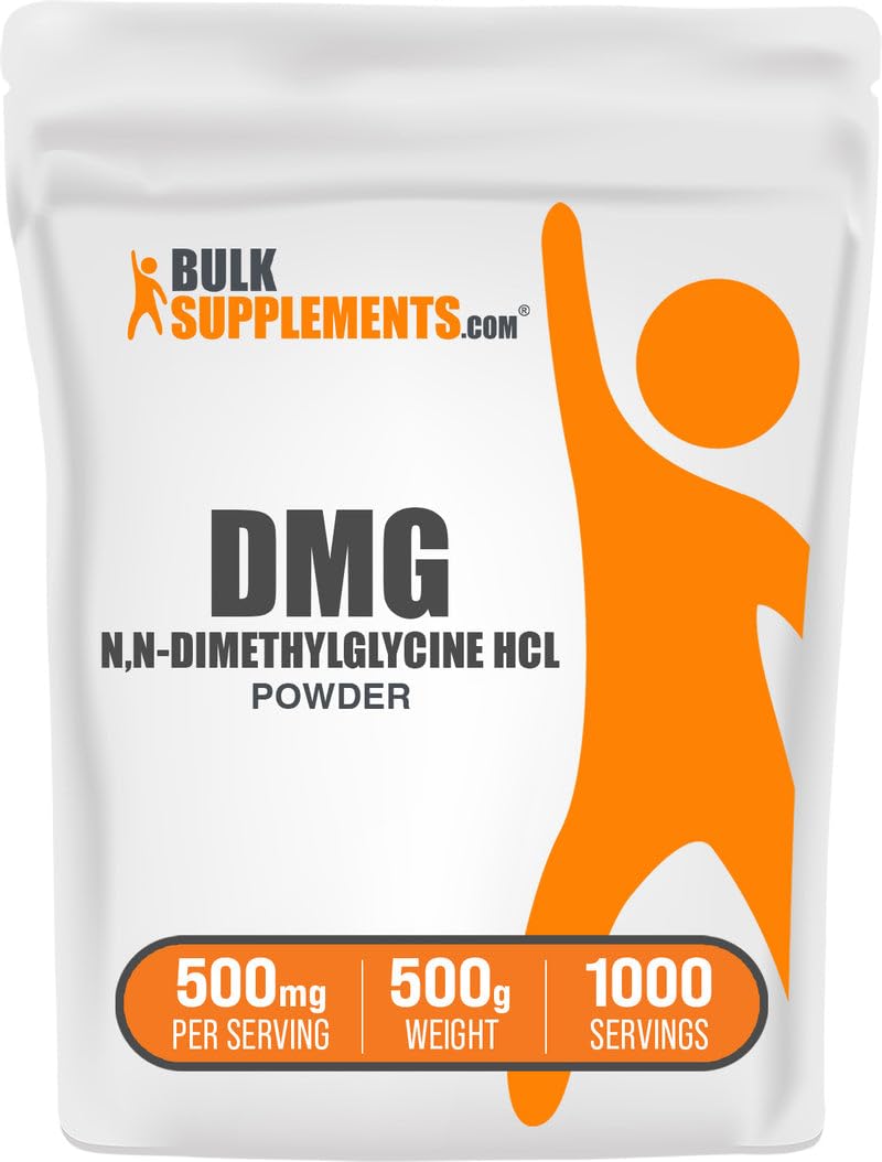 BulkSupplements DMG powder 500 mg per serving in a jar; easy to measure daily.