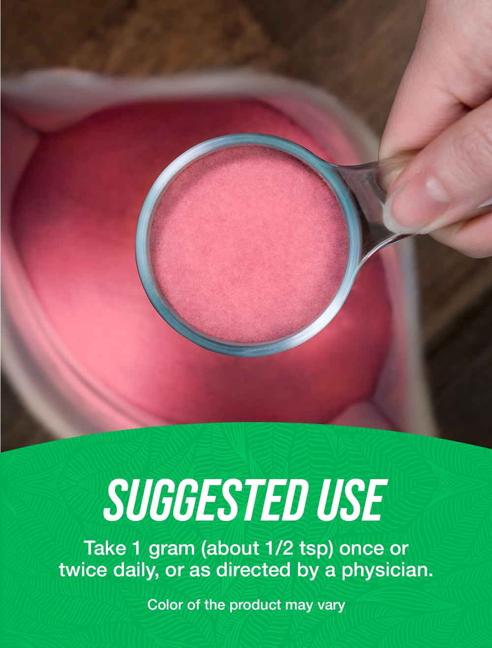 Serving scoop measuring dragon fruit extract beside a cup for convenient mixing.
