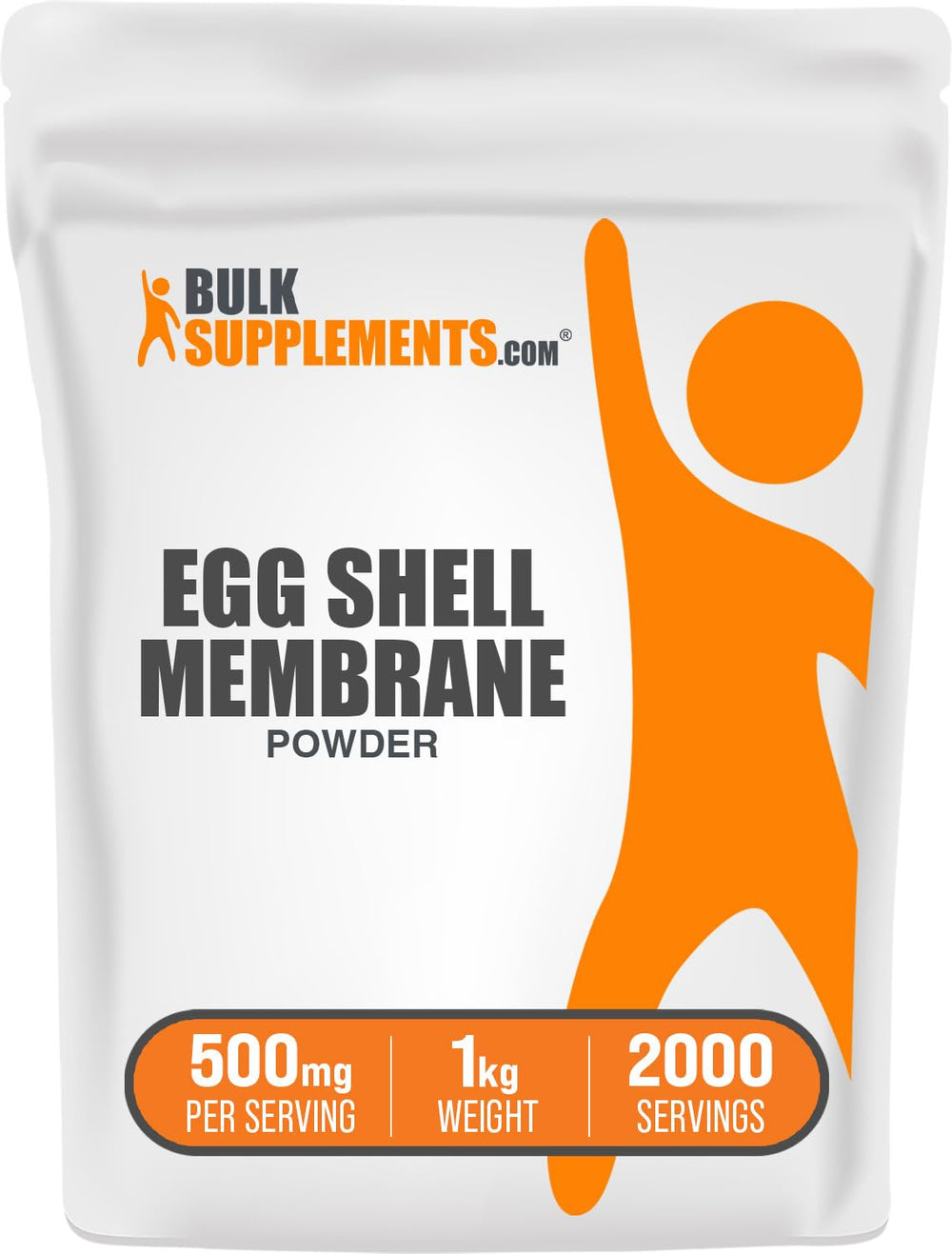 BulkSupplements Egg Shell Membrane Powder bottle on counter, dairy-free collagen option.