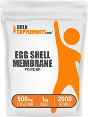 BulkSupplements Egg Shell Membrane Powder bottle on counter, dairy-free collagen option.