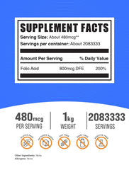 BulkSupplements folic acid powder with scoop, easy daily dosing.