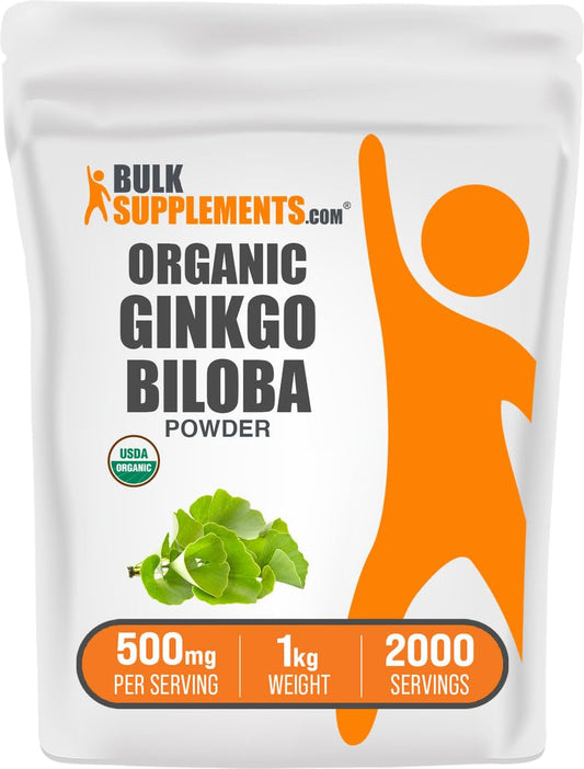 BulkSupplements Organic Ginkgo Biloba powder packaging highlights purity and cGMP quality.