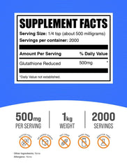 BulkSupplements Glutathione Reduced Powder ingredient label close-up highlighting quality testing