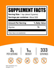 BulkSupplements Glycine powder pour-bottle demonstrates easy dosing for shakes.