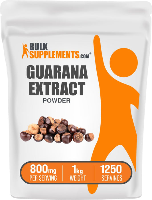BulkSupplements Guarana Extract Powder bottle showing natural caffeine in a gluten-free formula.