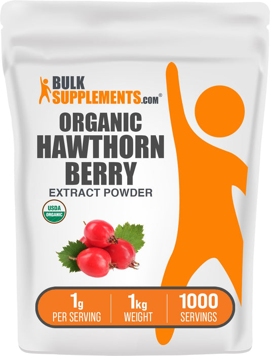 BulkSupplements hawthorn berry extract powder jar, gluten-free supplement for daily wellness