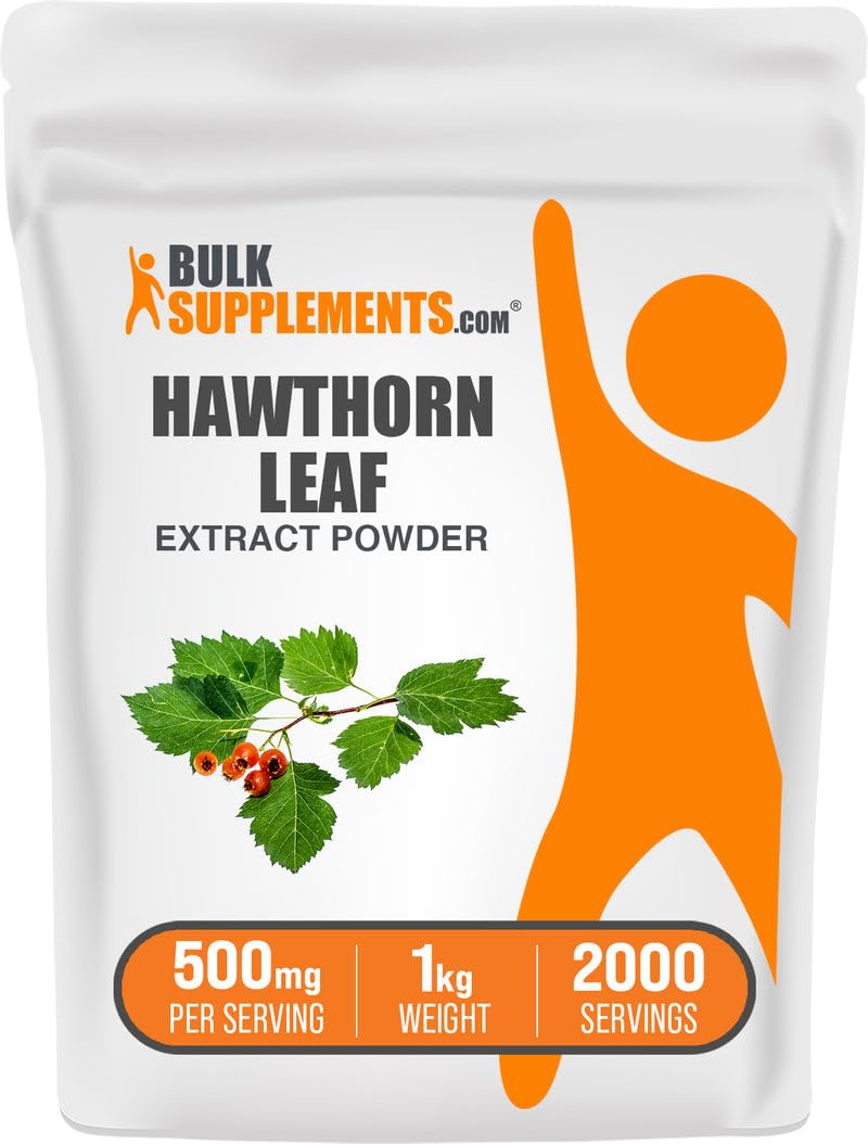 BulkSupplements Hawthorn Leaf Extract powder bottle on countertop for daily wellness support.