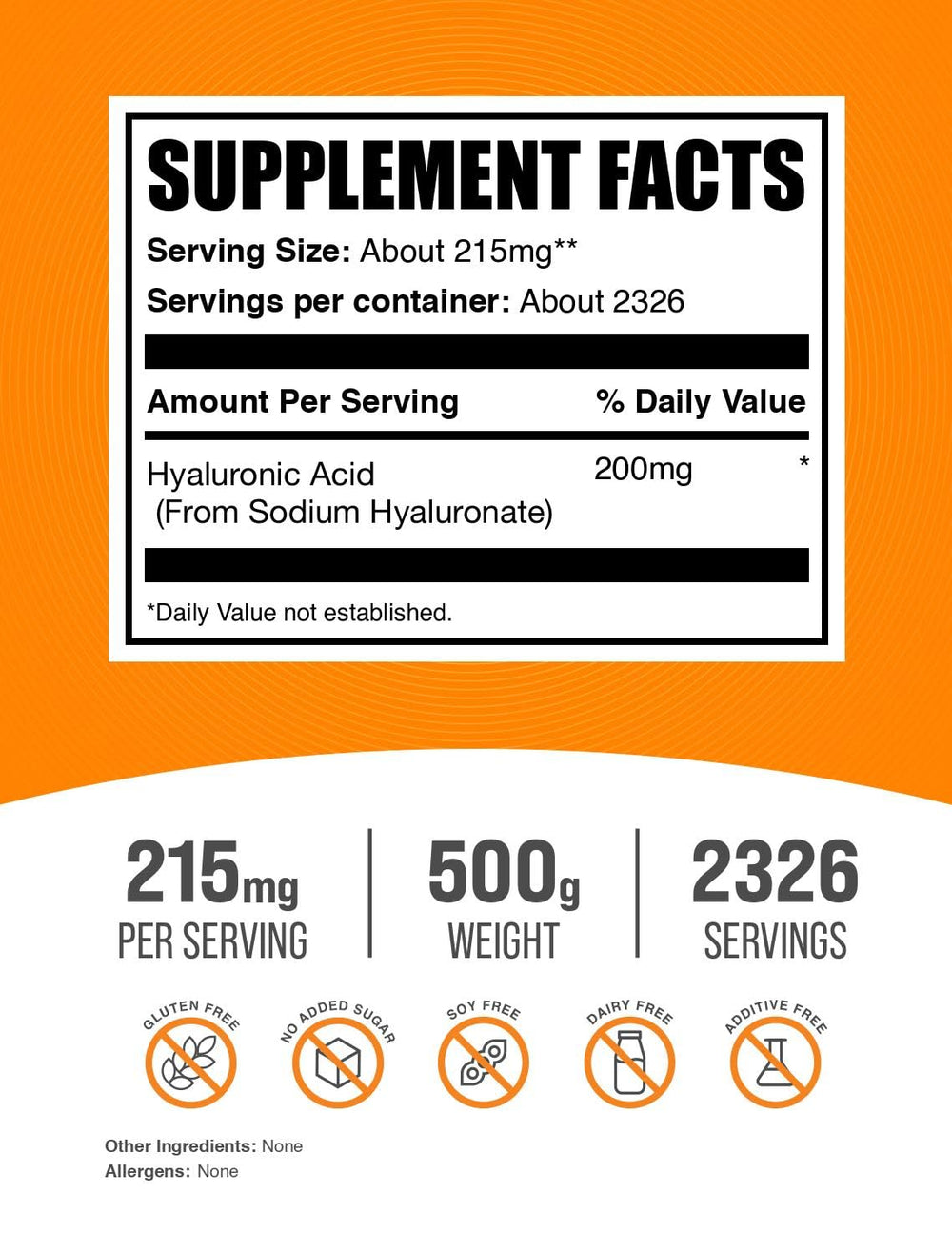 BulkSupplements Hyaluronic Acid Powder package close-up with clear labeling and gluten-free claim