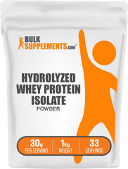 BulkSupplements hydrolyzed whey isolate powder bottle for post-workout protein.