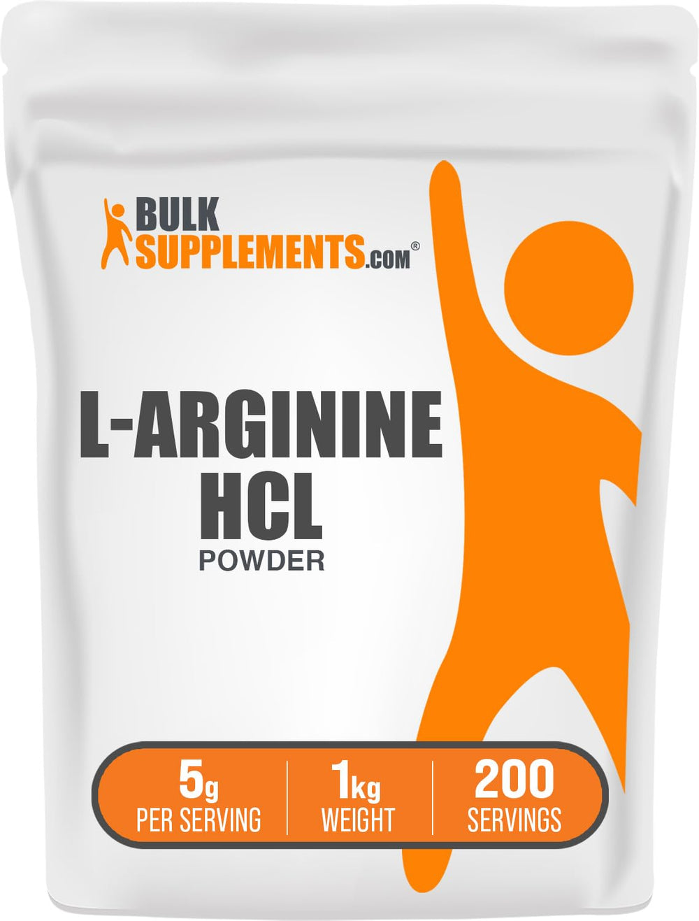 BulkSupplements L-Arginine HCl powder bottle showing a 5g serving for active fueling