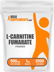 BulkSupplements L-Carnitine Fumarate Powder bottle shows easy 500mg servings for workouts.