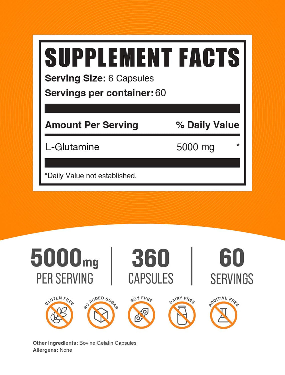 BulkSupplements L-Glutamine capsules close-up shows 5000mg per serving for recovery
