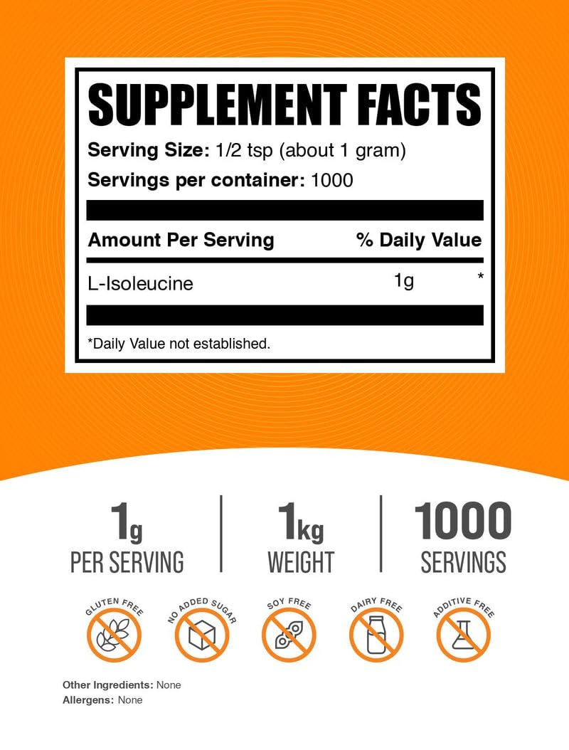 L-Isoleucine powder scoop highlighted for precise 1g servings in workouts.