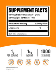 L-Isoleucine powder scoop highlighted for precise 1g servings in workouts.
