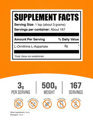 BulkSupplements L-Ornithine L-Aspartate powder with scoop, illustrating easy, flexible dosing