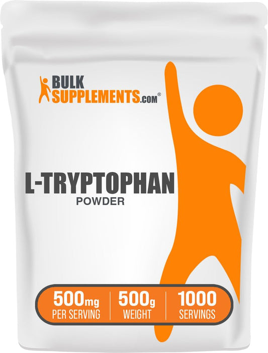 BulkSupplements L-Tryptophan powder bottle displays 500mg per serving for daily wellness
